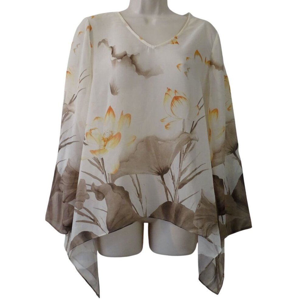 Chicos Travelers Women Floral Sheer Top Long Sleeve V-Neck Size 1 US Size M 8